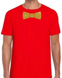 Bellatio Decorations Rood fun t-shirt met vlinderdas in glitter goud heren 2XL