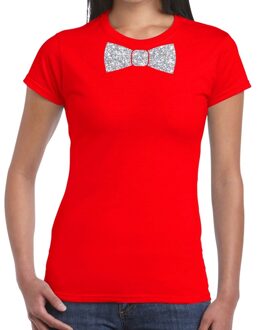 Bellatio Decorations Rood fun t-shirt met vlinderdas in glitter zilver dames M