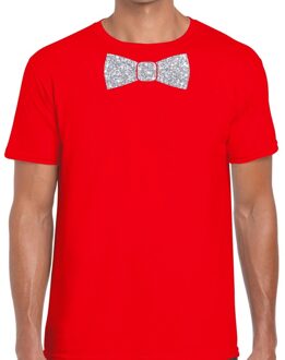 Bellatio Decorations Rood fun t-shirt met vlinderdas in glitter zilver heren 2XL