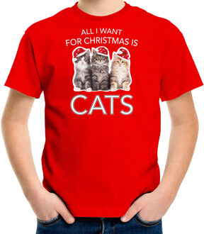 Bellatio Decorations Rood Kerst shirt/ Kerstkleding All i want for Christmas is cats voor kinderen L (140-152) - kerst t-shirts kind