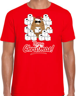 Bellatio Decorations Rood Kerst shirt/ Kerstkleding hamsterende kat Merry Christmas voor heren 2XL - kerst t-shirts