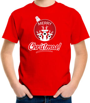 Bellatio Decorations Rood Kerst shirt / Kerstkleding Merry Christmas voor kinderen met rendier kerstbal L (140-152) - kerst t-shirts kind