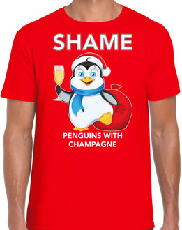 Bellatio Decorations Rood Kerst shirt/ Kerstkleding met pinguin Shame penguins with champagne voor heren 2XL - kerst t-shirts