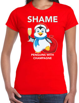 Bellatio Decorations Rood Kerstshirt / Kerstkleding met pinguin Shame penguins with champagne voor dames L - kerst t-shirts