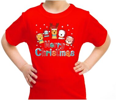 Bellatio Decorations Rood t-shirt / kerstkleding dierenvriendjes Merry christmas voor kinderen M (116-134) - kerst t-shirts kind