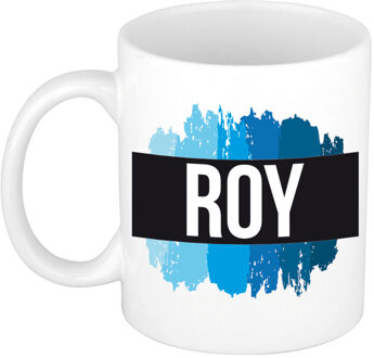 Bellatio Decorations Roy naam cadeau koffie mok - beker - met blauw verfstrepen - Cadeau collega - vaderdag