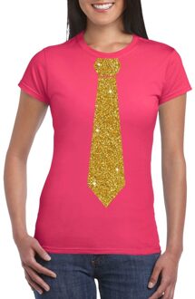 Bellatio Decorations Roze fun t-shirt met stropdas in glitter goud dames 2XL