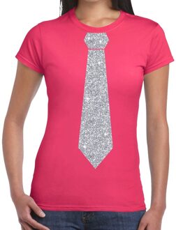 Bellatio Decorations Roze fun t-shirt met stropdas in glitter zilver dames