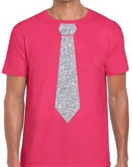 Bellatio Decorations Roze fun t-shirt met stropdas in glitter zilver heren