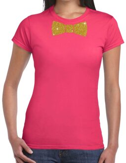 Bellatio Decorations Roze fun t-shirt met vlinderdas in glitter goud dames 2XL