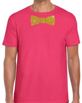 Bellatio Decorations Roze fun t-shirt met vlinderdas in glitter goud heren 2XL