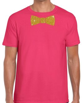 Bellatio Decorations Roze fun t-shirt met vlinderdas in glitter goud heren