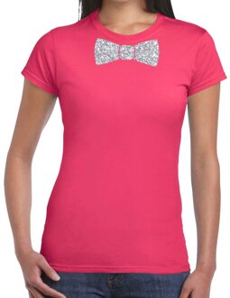 Bellatio Decorations Roze fun t-shirt met vlinderdas in glitter zilver dames XS