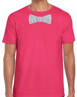 Bellatio Decorations Roze fun t-shirt met vlinderdas in glitter zilver heren 2XL