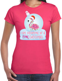 Bellatio Decorations Roze Kerstshirt / Kerstkleding I am dreaming of a pink Christmas voor dames met flamingo kerstbal 2XL - kerst t-shirts