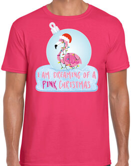 Bellatio Decorations Roze Kerstshirt / Kerstkleding I am dreaming of a pink Christmas voor heren met flamingo kerstbal 2XL - kerst t-shirts