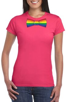 Bellatio Decorations Roze t-shirt met regenboog vlag strikje dames XS