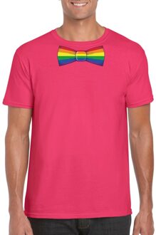 Bellatio Decorations Roze t-shirt met regenboog vlag strikje heren 2XL