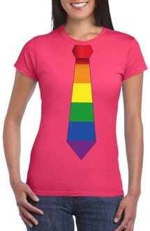 Bellatio Decorations Roze t-shirt met regenboog vlag stropdas dames XS