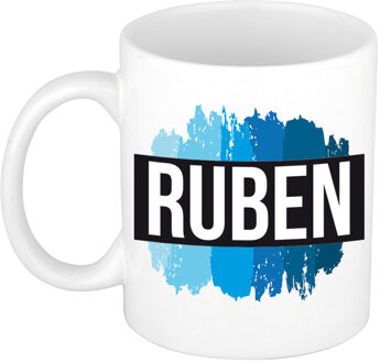 Bellatio Decorations Ruben naam cadeau koffie mok - beker - met blauw verfstrepen - Cadeau collega - vaderdag