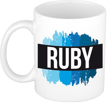 Bellatio Decorations Ruby naam cadeau koffie mok - beker - met blauw verfstrepen - Cadeau collega - vaderdag