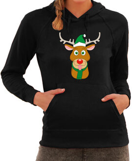 Bellatio Decorations Rudolf met Kerstmuts foute Kerst hoodie / hooded sweater zwart voor dames 2XL - kerst truien