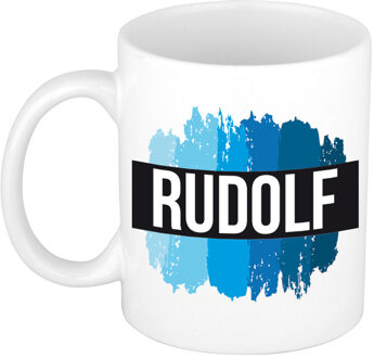 Bellatio Decorations Rudolf naam cadeau koffie mok - beker - met blauw verfstrepen - Cadeau collega - vaderdag