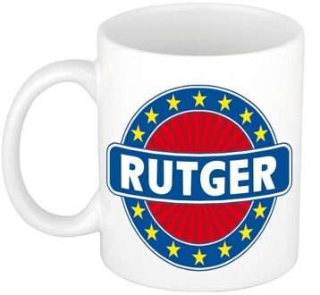 Bellatio Decorations Rutger voornaam koffiemok - beker - wit/blauw - 300 ml - Cadeau - Heren - Collega - Vaderdag