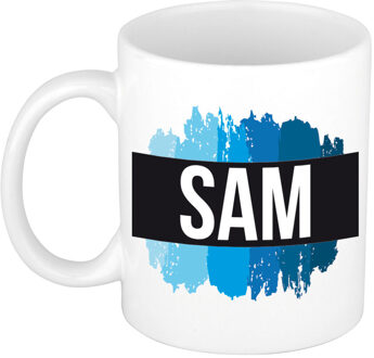 Bellatio Decorations Sam naam cadeau koffie mok - beker - met blauw verfstrepen - Cadeau collega - vaderdag