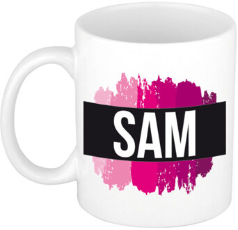 Bellatio Decorations Sam naam / voornaam kado beker / mok roze verfstrepen - Gepersonaliseerde mok met naam - Naam mokken