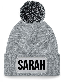 Bellatio Decorations Sarah tekst wintermuts - met pompon - unisex - one size - Grijs - 50 jaar One size