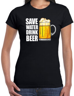 Bellatio Decorations Save water drink beer drank fun t-shirt zwart voor dames XS - Feestshirts