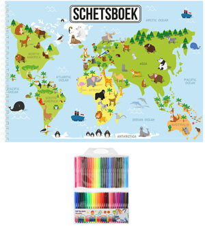 Bellatio Decorations Schetsboek dieren wereldkaart A4 50 paginas met 50 viltstiften Wit