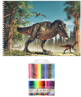 Bellatio Decorations Schetsboek Dinosaurussen liefhebbers A4 50 paginas met 50 viltstiften