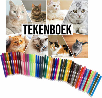 Bellatio Decorations Schetsboek Katten liefhebbers A4 50 paginas met 50 viltstiften Wit