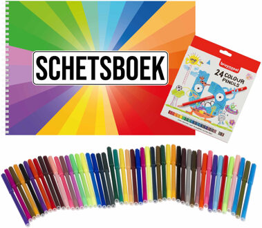 Bellatio Decorations Schetsboek voor kinderen in A4 formaat 50 paginas en met 24 kleurpotloden en 50 goede viltstiften met dunne punt