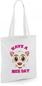 Bellatio Decorations Schoudertas meisjes - kat/poes - wit - have a nice day - 42 x 38 cm - shopper/tote bag