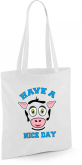 Bellatio Decorations schoudertas meisjes - koe - wit - have a nice day - 42 x 38 cm - shopper - Shoppers