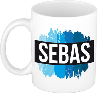 Bellatio Decorations Sebas naam cadeau koffie mok - beker - met blauw verfstrepen - Cadeau collega - vaderdag
