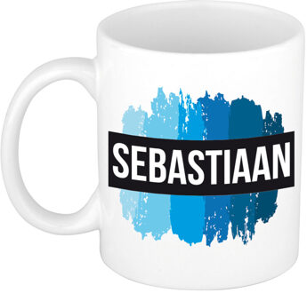 Bellatio Decorations Sebastiaan naam cadeau koffie mok - beker - met blauw verfstrepen - Cadeau collega - vaderdag