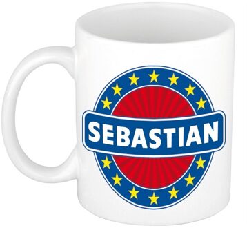 Bellatio Decorations Sebastian voornaam koffiemok - beker - wit/blauw - 300 ml - Cadeau - Heren - Collega - Vaderdag Multi