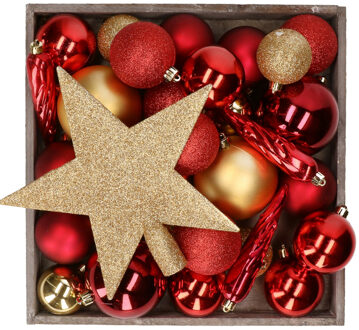 Bellatio Decorations set 33x stuks kunststof kerstballen en ster piek rood/goud - Kerstbal