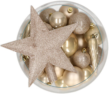 Bellatio Decorations set 33x stuks kunststof kerstballen met ster piek champagne - Kerstbal Champagnekleurig