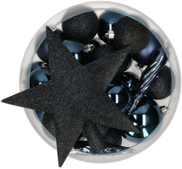 Bellatio Decorations set 33x stuks kunststof kerstballen met ster piek donkerblauw - Kerstbal