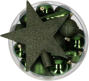 Bellatio Decorations set 33x stuks kunststof kerstballen met ster piek donkergroen