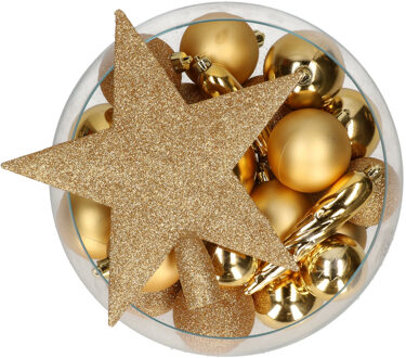 Bellatio Decorations set 33x stuks kunststof kerstballen met ster piek goud