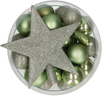 Bellatio Decorations set 33x stuks kunststof kerstballen met ster piek groen - Kerstbal