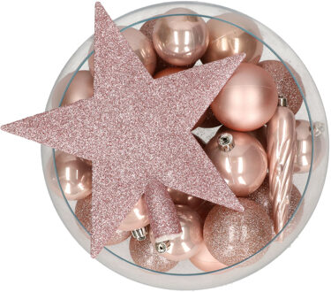 Bellatio Decorations set 33x stuks kunststof kerstballen met ster piek lichtroze - Kerstbal