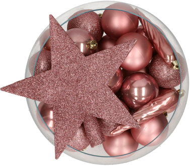 Bellatio Decorations set 33x stuks kunststof kerstballen met ster piek oud roze - Kerstbal