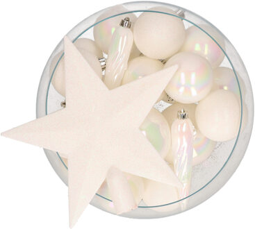 Bellatio Decorations set 33x stuks kunststof kerstballen met ster piek parelmoer wit